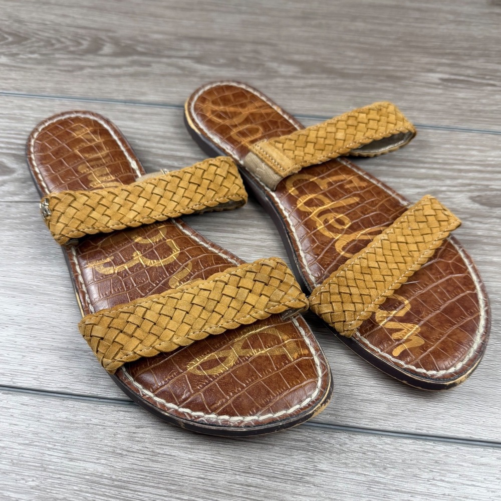 Sam Edelman Womens Gala Two Strap Slide Sandals Woven Mustard Brown 8.5M